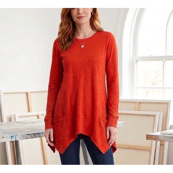 LOGO by Lori Goldstein Tops - Logo Lori  Rust Orange S Asymmetrical Hem Tunic Top - Long Sleeve with Pockets"